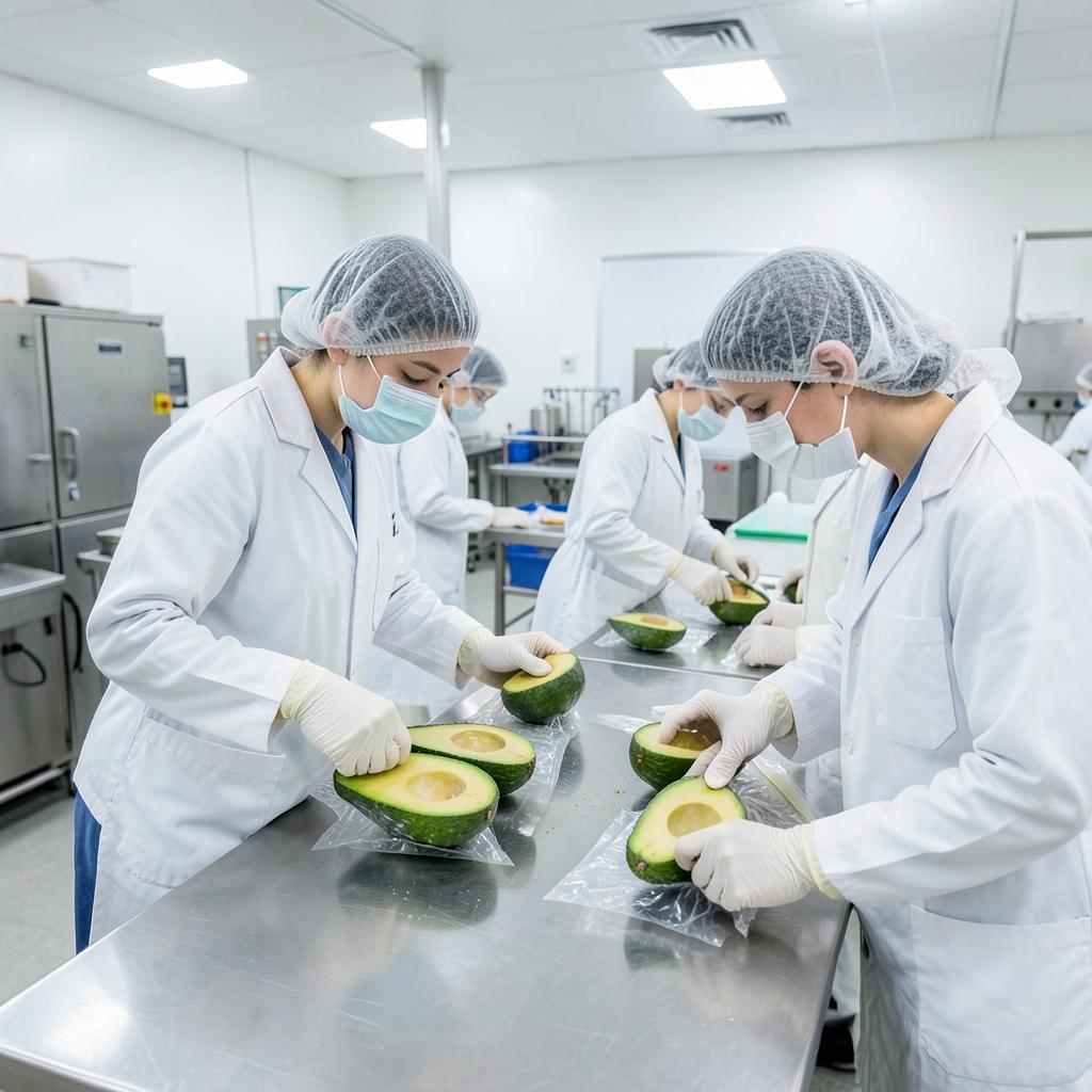 Workers in full protective gear weighing and packing avocado on stainless steel tables