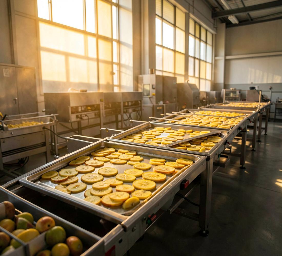 Low-temperature fruit drying line with trays of uniform slices
