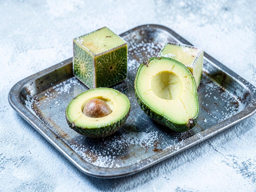 Frozen avocado 304 halves and cubes on a steel tray
