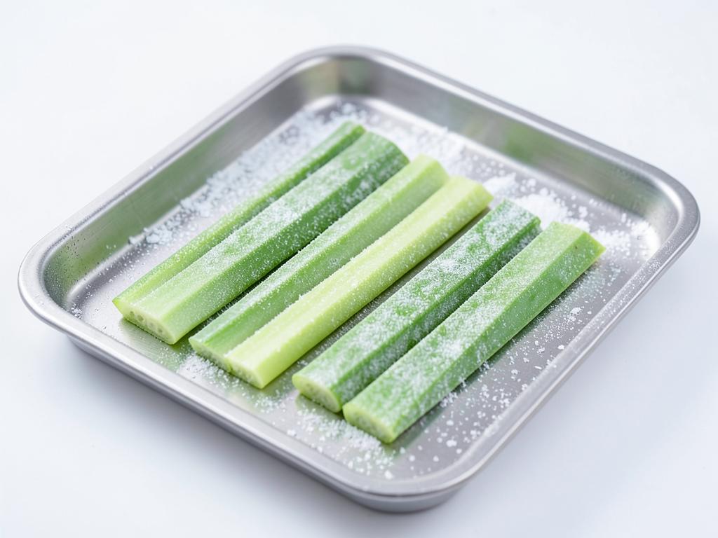 Frozen lemongrass slices on a stainless steel tray