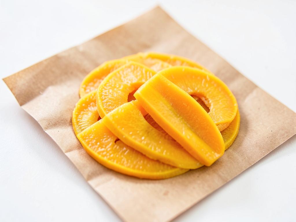 Soft-dried mango slices on kraft paper